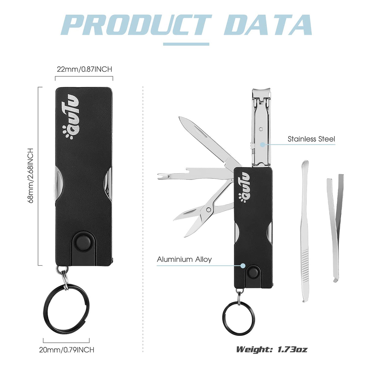 OUTU Keychain Nail Clippers Multitool, 8 in 1 EDC Utility Tool with Nail Clipper, Scissors, Tweezers, Gifts for Him Men Husband Dad Boyfriend (Black)